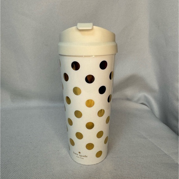 Kate Spade White & Gold Polka Dot 16 oz Coffee Cup/Tumbler EUC - Picture 1 of 6